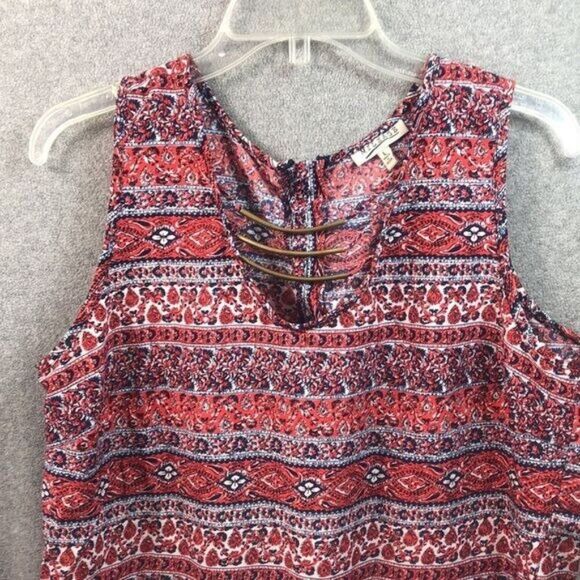 Vintage-Inspired Mileage Sleeveless Red & Blue Patterned Blouse With Keyhole Det - Picture 2 of 15